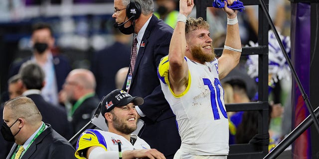INglewood, CA - FEBRUARY 13: Cooper Cup #10 and Matthew Stafford #9 of the Los Angeles Rams celebrate after Super Bowl LV at SoFi Stadium on February 13, 2022 in Englewood, California.  The Los Angeles Rams defeated the Cincinnati Bengals 23-20. 