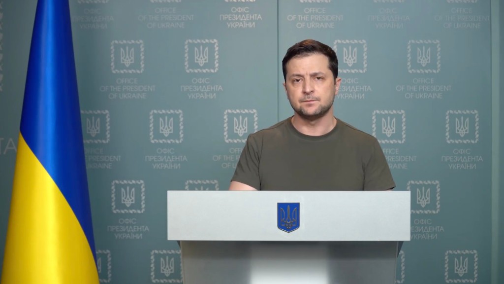 President Volodymyr Zelensky speaks at a press conference in Kyiv.