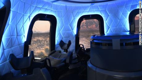 The interior of the Blue Origin capsule is on display on December 11, 2021, in Van Horn, Texas. 