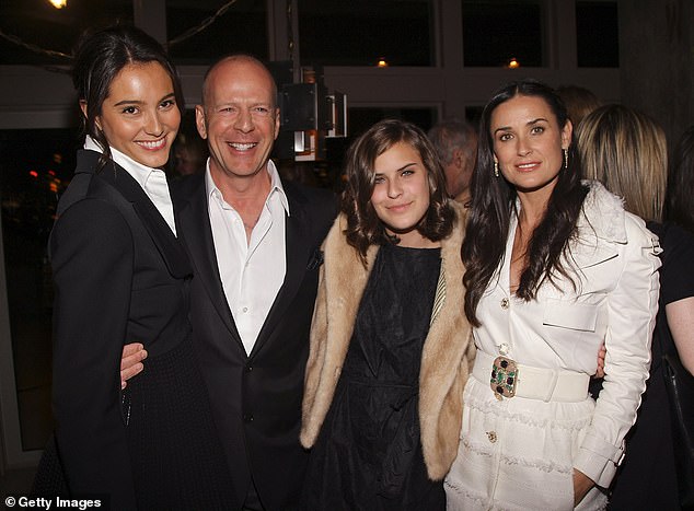 Willis was photographed in 2008 with Heming (left), his daughter Tallulah (now 28), and his ex-wife Demi Moore.  Moore and Willis raised their three daughters in Idaho