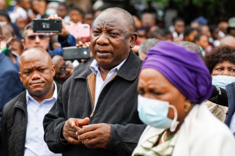 South African President Cyril Ramaphosa, center, visits Clermont on Wednesday, April 13th.  He spoke to many grieving people at the United Methodist Church of South Africa.