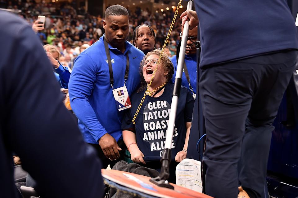 An activist limits herself to a goal during an NBA first-round game for the Memphis Grizzlies of the Minnesota Timberwolves at FedExForum on April 16, 2022.