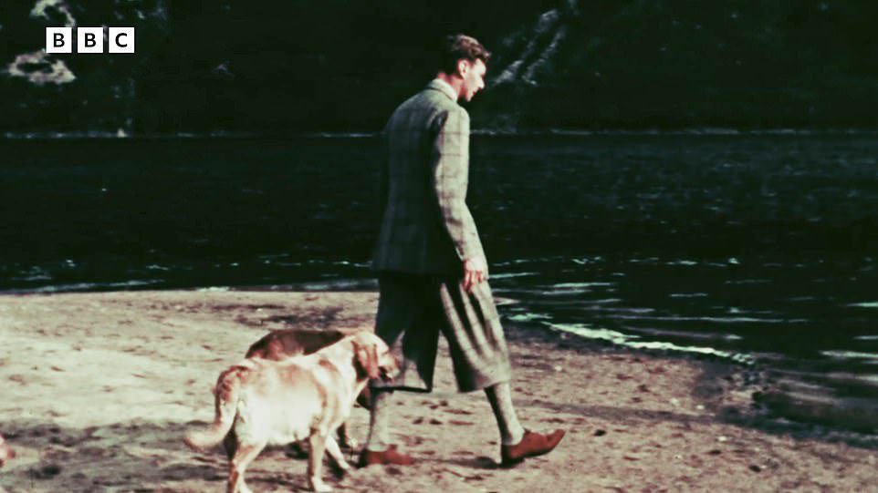 Pictures show the princesses playing on the shores of Loch Moyek and Glass Alt Shell Waterfall with her father George VI strolling with a Labrador family