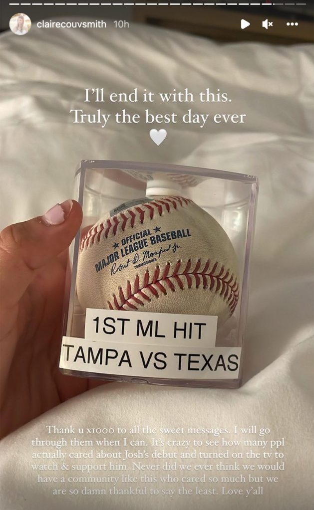 Claire Cove Smith also shared a photo of the ball from Josh Smith's first hit in the league