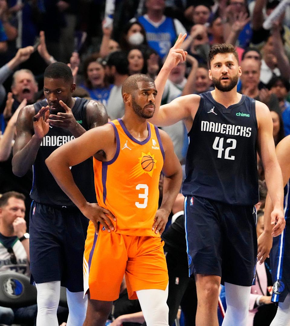 Phoenix Suns guard Chris Paul responded after making his fourth foul in the second quarter of Game Four against the Dallas Mavericks.