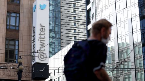 A banner is placed on the outside of Twitter's headquarters on April 27, 2022 in San Francisco, California. 