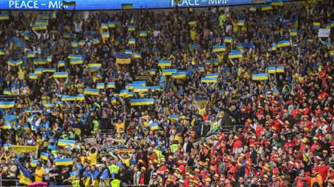 Ukraine fans raise their country's flag at Cardiff City Stadium. 