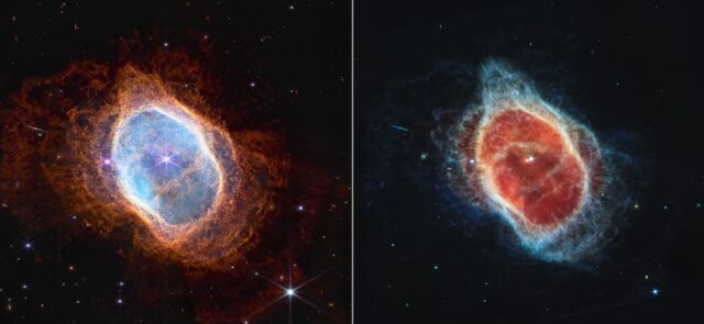 NASA's new James Webb Space Telescope has revealed unusual details in the Southern Ring Nebula, a planetary nebula located about 2,500 light-years away in the constellation Vela.  On the left, a near-infrared image shows stunning concentric shells of gas, which chronicle the eruptions of the dying star.  On the right, the mid-infrared image easily distinguishes the dying star in the nebula's center (red) from its companion star (blue).  All the gas and dust in the nebula was expelled by the red star.