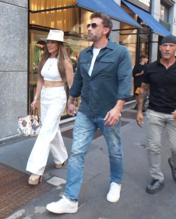 Surprisingly, in the late afternoon, Jennifer Lopez and her husband Ben Affleck arrive at the mall to do some shopping.  With some bodyguards making room among the people walking a short distance and then visiting some shops, word of their presence spreads and a large crowd waiting for them outside Brunello Cucinelli, so the bodyguards bring a car right next door to a boutique, and so hardly Jennifer and Ben Affleck manage to Get entrance to leave immediately.  Jennifer Lopez and Ben Affleck arrive by surprise at Brunello Cucinelli, Milan, Italy - August 25, 2022