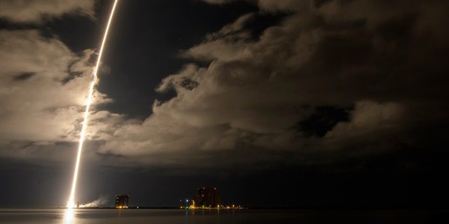 The United Launch Alliance's Atlas V rocket with the Lucy spacecraft on board is shown in this 2 minute 30 second exposure image as it lifts off from Space Launch Complex 41, Saturday, October 16, 2021, at Cape Canaveral Space Force Station in Florida. 