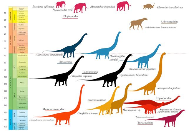 Dinosaurs and giant mammals across the timeline