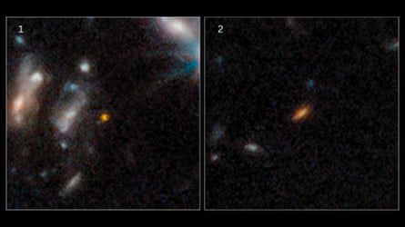 Side-by-side images of distant galaxies, appearing as elliptical reddish blurs against the blackness of space