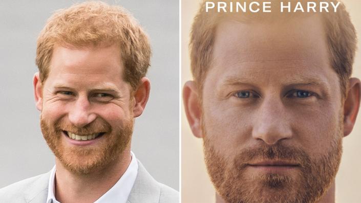Prince Harry smiles in the distance next to the cover of his Speer diary